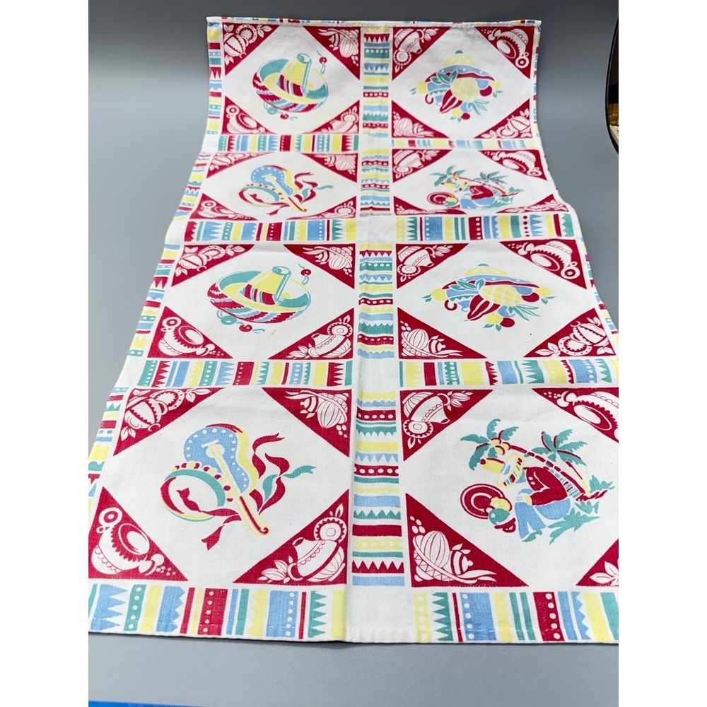Vintage MCM Tea Towel 17x30" Mexican Siesta Sombrero Cotton Multi Color Retro
